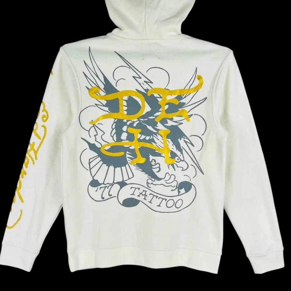 Ed Hardy Men's Ivory Pullover Hooded Sweatshirt Sz Small Tattoo Eagle Hearts NWT